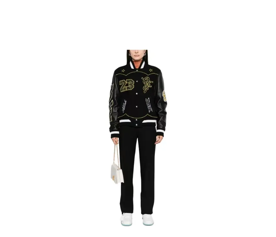 ♻️💯Reference model picture for the upper body❤️Top tested version off white Heavy embroidery patchwork leather high temperature hot crystal diamond baseball uniform male and female couple star same style (⚠ Original button molding and customization, patch embroidery and color matching) Original packaging and original label🔍 Full set of accessories customized, packaging elevators are purchased from the original factory, all hardware parts are molded and customized, and the fabric color components are restored one to one The fabric is made of 65% wool, 15% natural silk, 10% spandex and 10% velvet, mixed and custom-woven. The total weight is more than 900 grams! And the most important thing is its color fastness, it will never fade! -The embroidery uses an imported towel embroidery machine. Each pattern is first embroidered on the fabric, and then engraved with an infrared laser, and then fixed with a sewing machine. The whole garment is labeled in many places, one is flat embroidered, and the large pattern on the back is directly embroidered on it. This dress has 4 different embroidery techniques⚠ -The sleeves are all made of two-layer pebbled fabric, which is processed, shaped, colored, washed, and the texture retains the original grain structure! Thick, plump and round! -The processing technology is extremely complex, the cutting pieces are neatly aligned, and the entire garment has precise wiring density. Gender-neutral style. Loose fit, self-conscious quality control, details determine success or failure. Color: Black Size: S M L XL P: 680